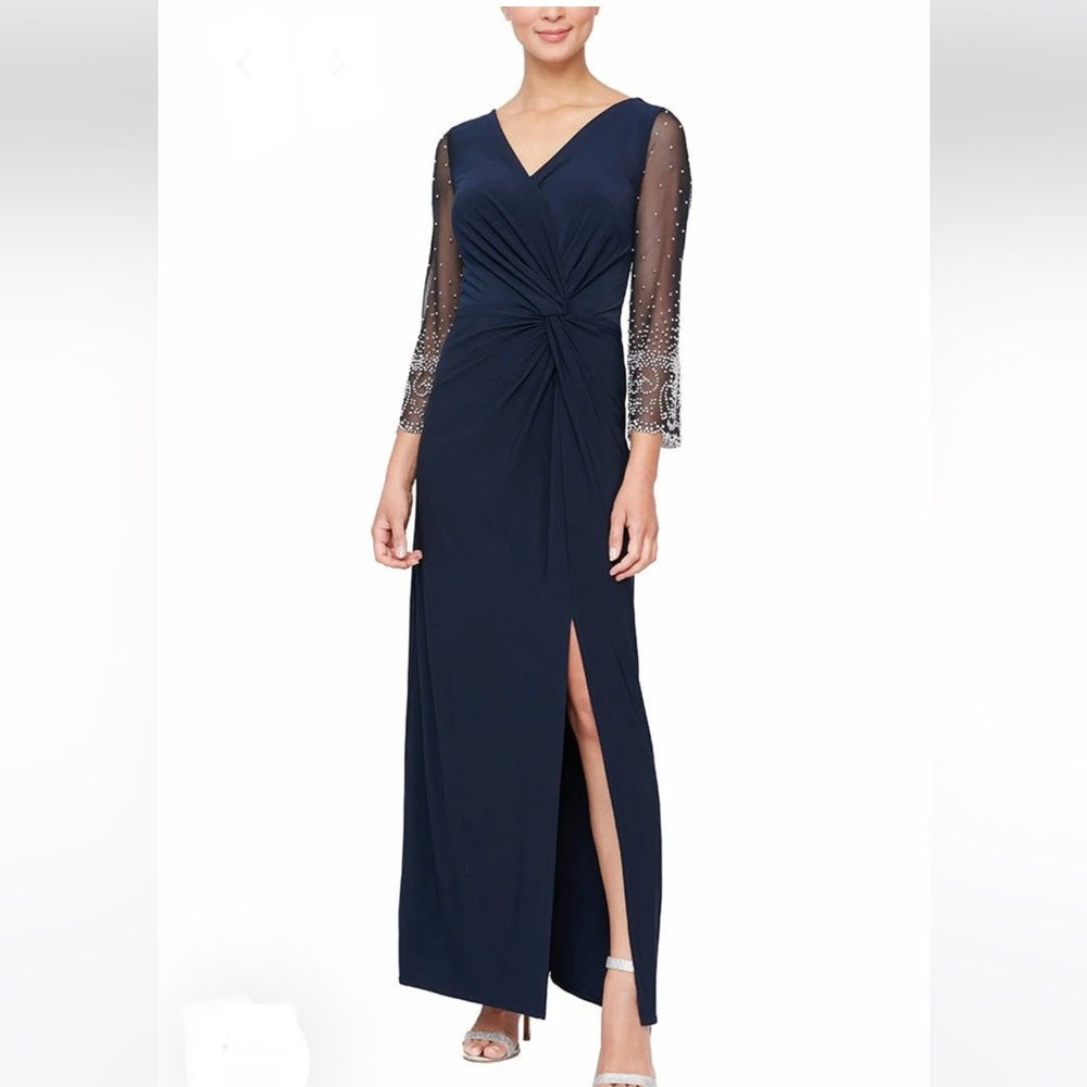 NWT Long Surplice Neckline Dress w/ Embellished Illusion Sleeves, Knot F…